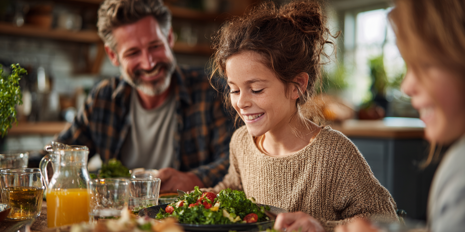 Щаслива сім'я за столом з корисною їжею
